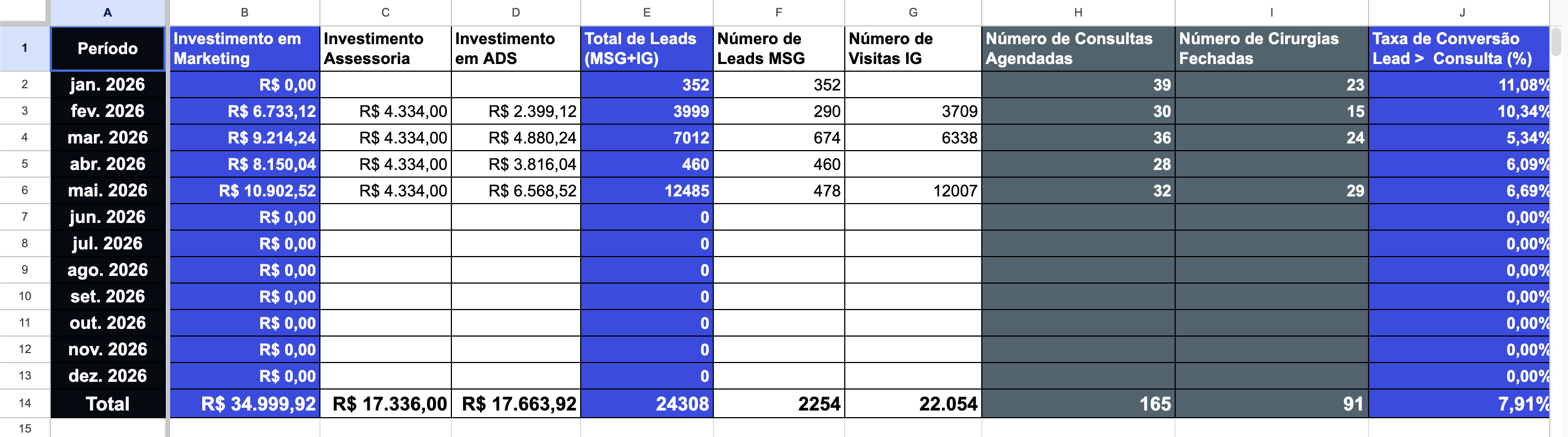 Planilha de acompanhamento do caso real: R$34.999,92 investidos, 24.308 interessados, 165 consultas agendadas e 91 cirurgias fechadas